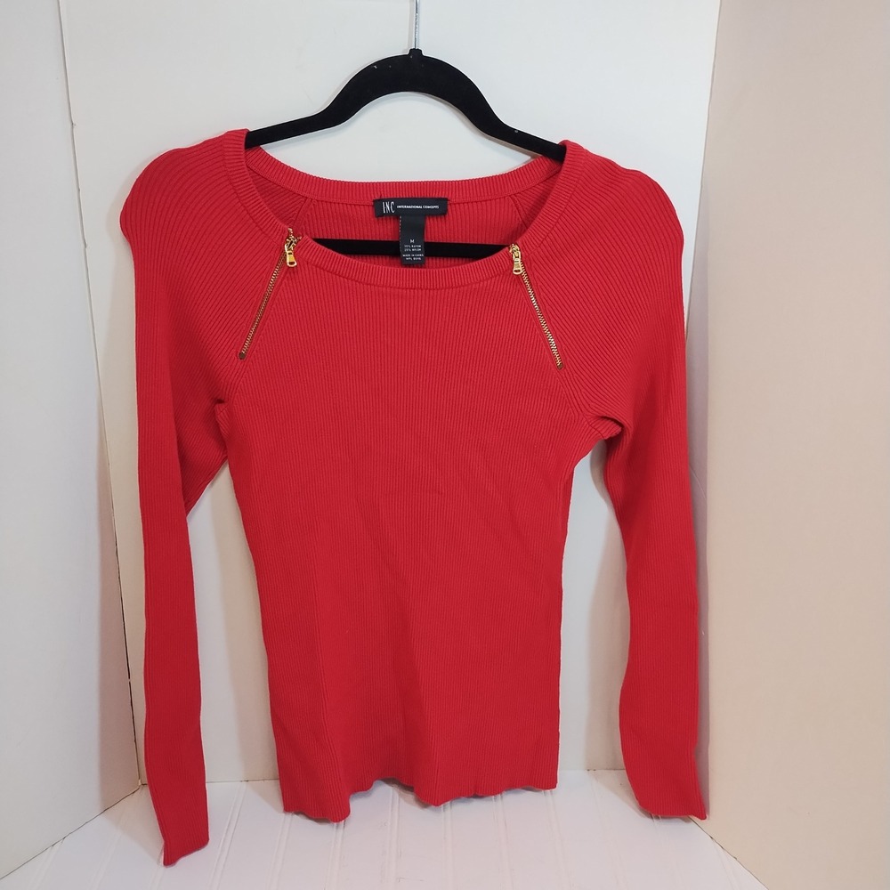 INC Sweater Shoulder Zips Red Edgy Minimal Winter Ribbed Knit Womens MD Holiday